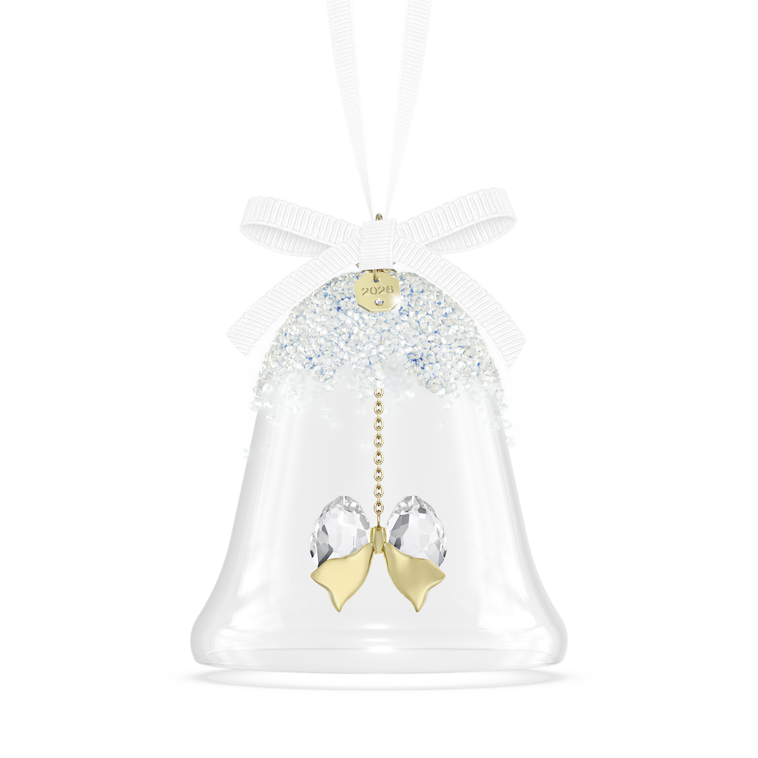 A clear glass bell-shaped Christmas ornament with a white ribbon bow at the top, a glittery white top section, and a dangling gold-tone heart-shaped ornament with two clear faceted crystal pendants.