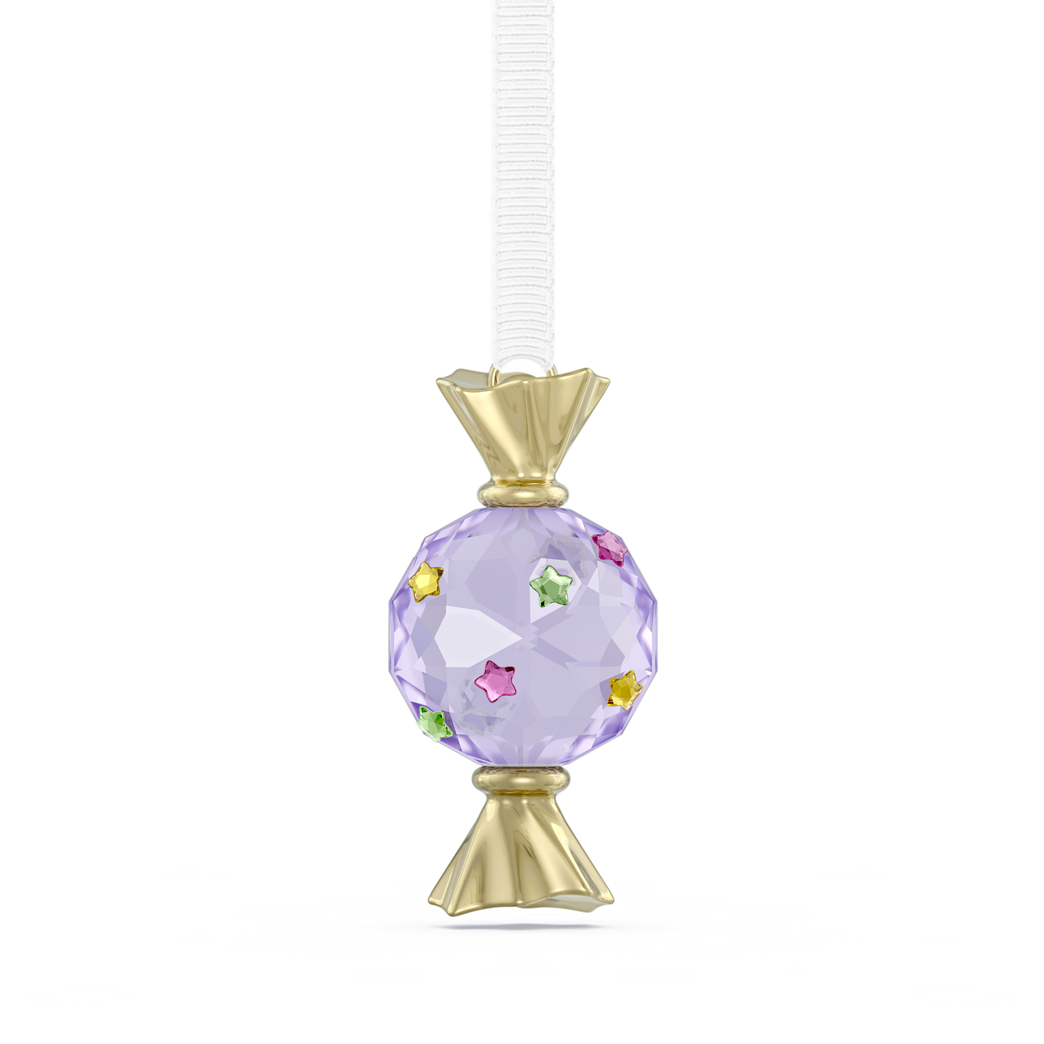 A hanging ornament shaped like a wrapped candy, featuring a faceted lavender-purple crystal ball with small multicolored star accents and gold-tone top and bottom details, suspended from a white ribbon on a plain white background.