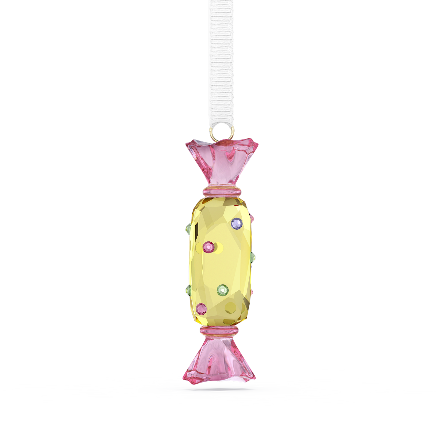 A hanging ornament shaped like a wrapped candy, made of faceted translucent pink and pale yellow material with small multicolored gem accents, suspended from a white ribbon on a plain white background.
