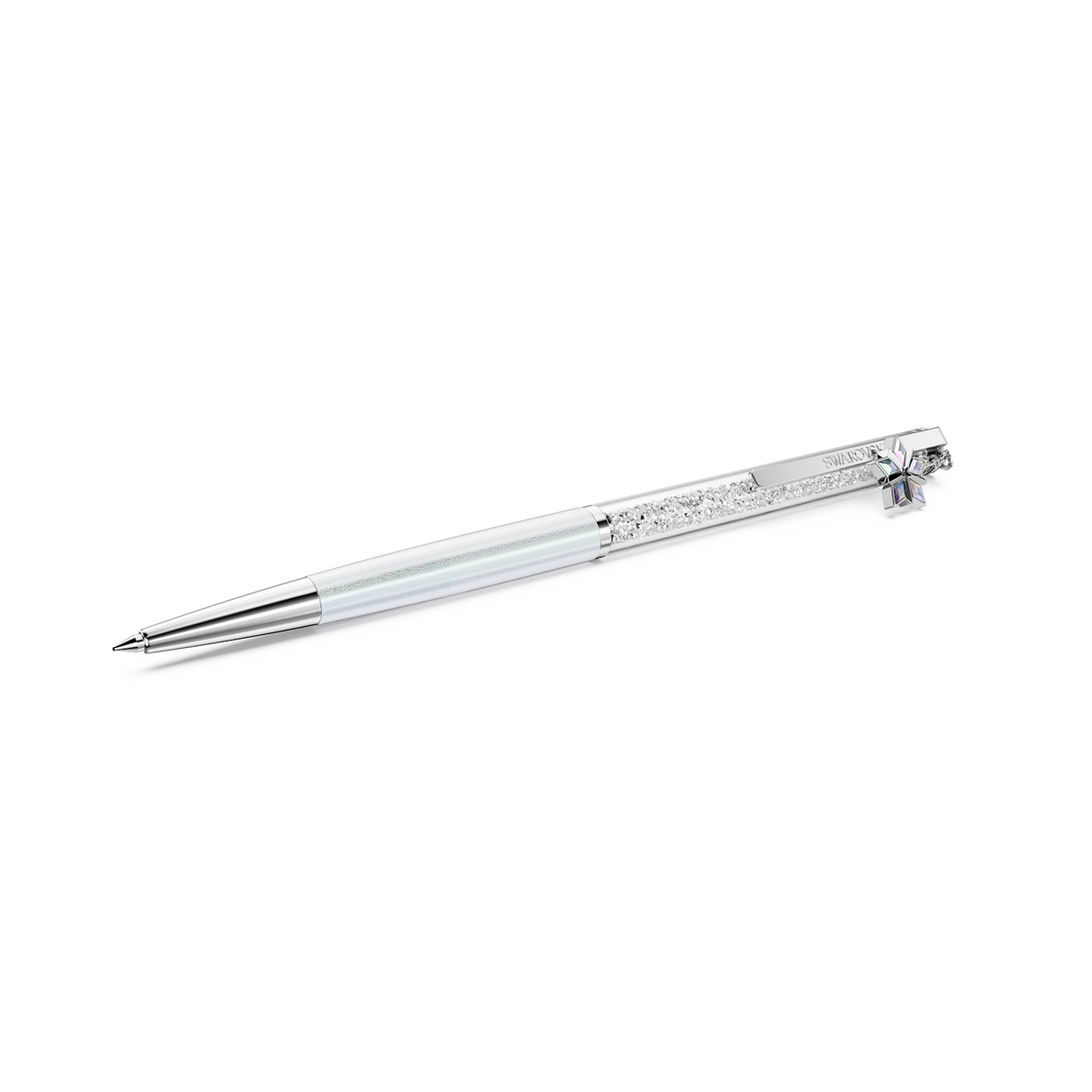 Decorative pen with white and rose gold design on a white background