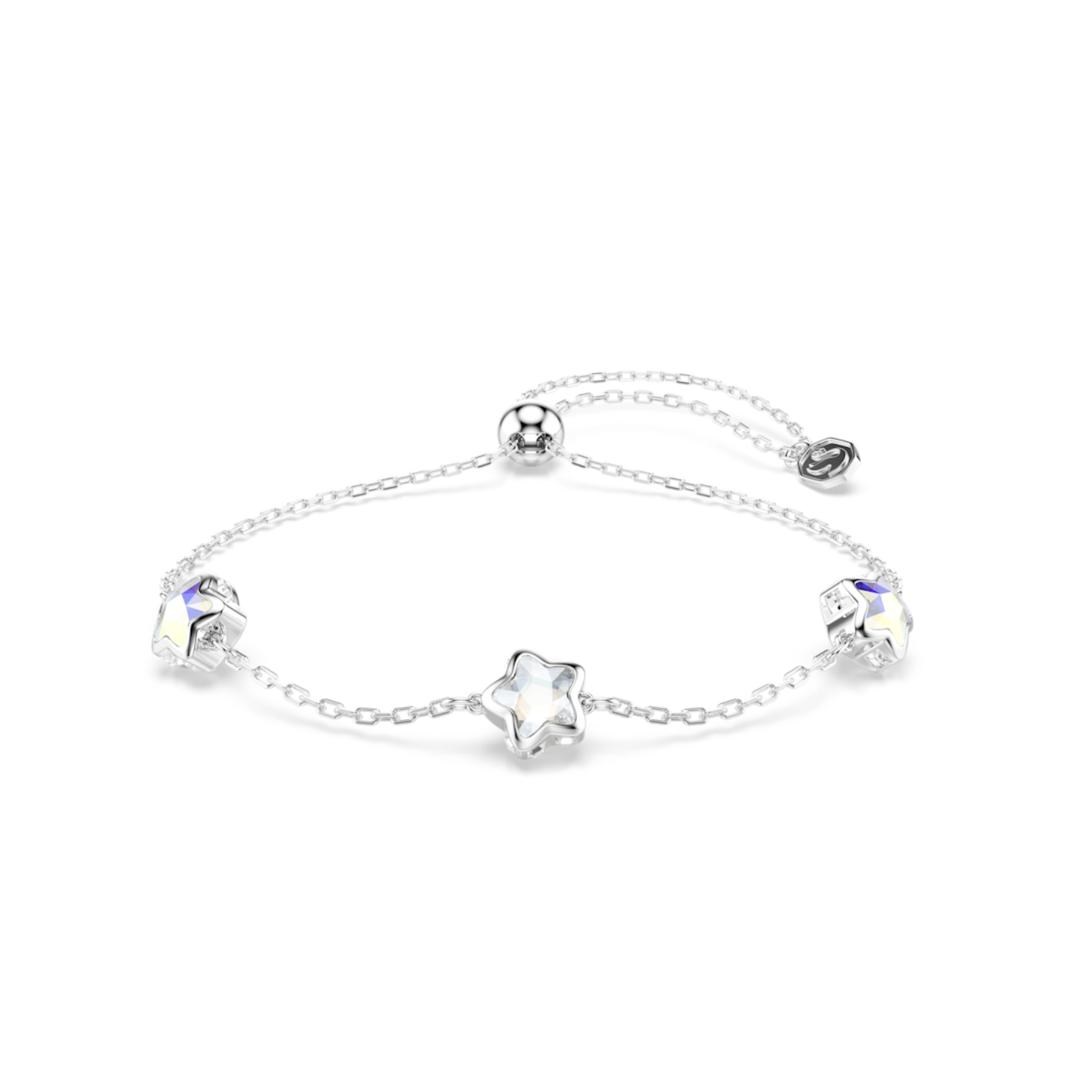 A delicate silver chain bracelet with three star-shaped charms, two of which are adorned with small blue stones, displayed on a clean white background.