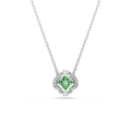 A silver-tone chain necklace with a clover-shaped pendant featuring a central green gemstone surrounded by small clear stones, shown on a plain white background.