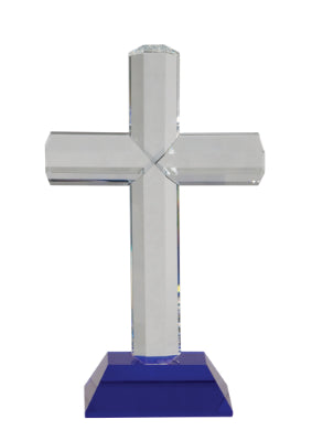 JDS Crystal Cross on Blue Pedestal Base