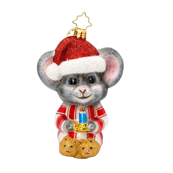 Christmas ornament of a mouse wearing a Santa hat and holding cookies on a white background