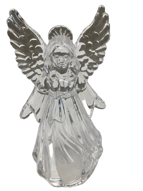 Clear glass angel figurine against a neutral background