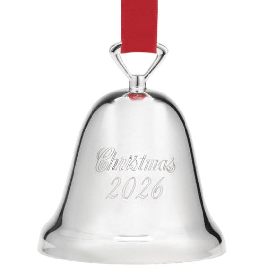 Christmas bell ornament with 'Christmas 2026' engraving and red ribbon on a white background