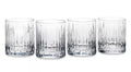 A set of four clear crystal double old fashioned glasses with a diamond cut design.