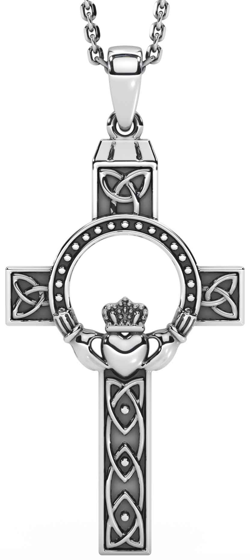 Solvar Rhodium Plated Irish Claddagh Trinity Knot Cross Necklace 
