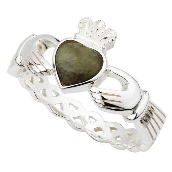 Solvar Silver Connemara Marble Weave Claddagh Ring Size 7.5