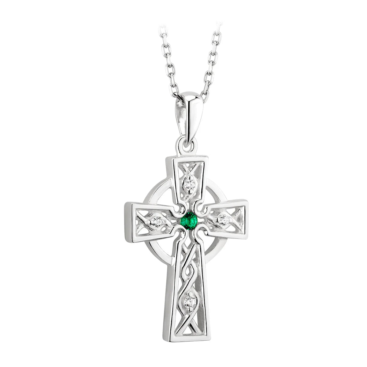 Solvar Sterling Silver Celtic Cross Trinity Knot Emerald Necklace