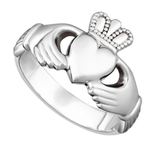 Silver Claddagh ring on a white background