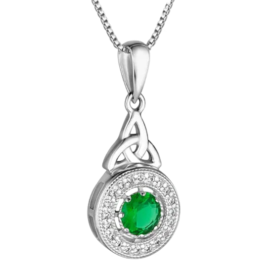 Solvar Sterling Silver Trinity Knot Drop CZ Emerald Round Necklace