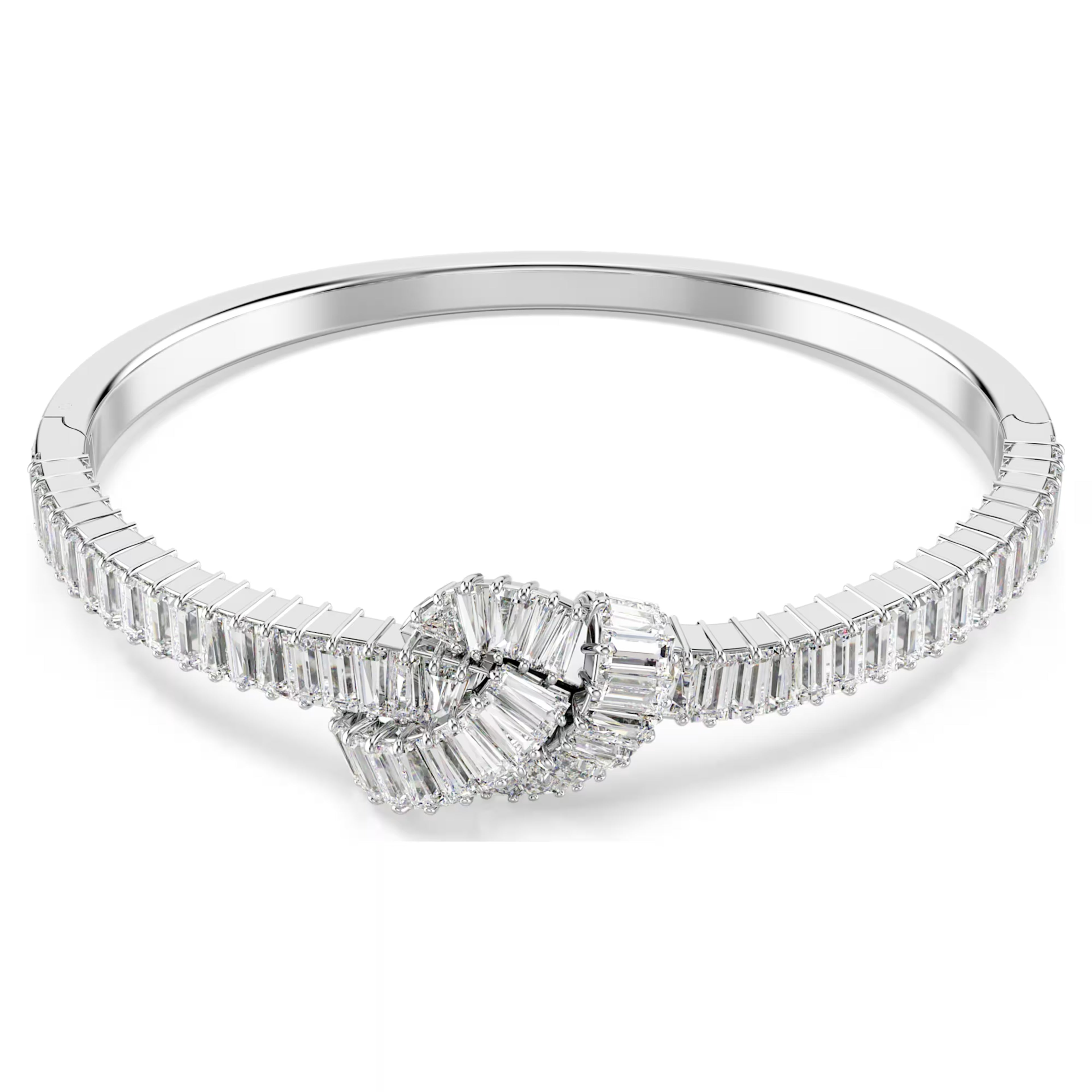 Diamond ring with a central gemstone and baguette-cut diamonds on a white background