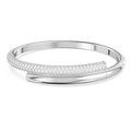 A Swarovski Dextera Magnetic Bangle with a sleek rhodium-plated band, half embellished with clear pavé crystals, featuring a magnetic clasp.