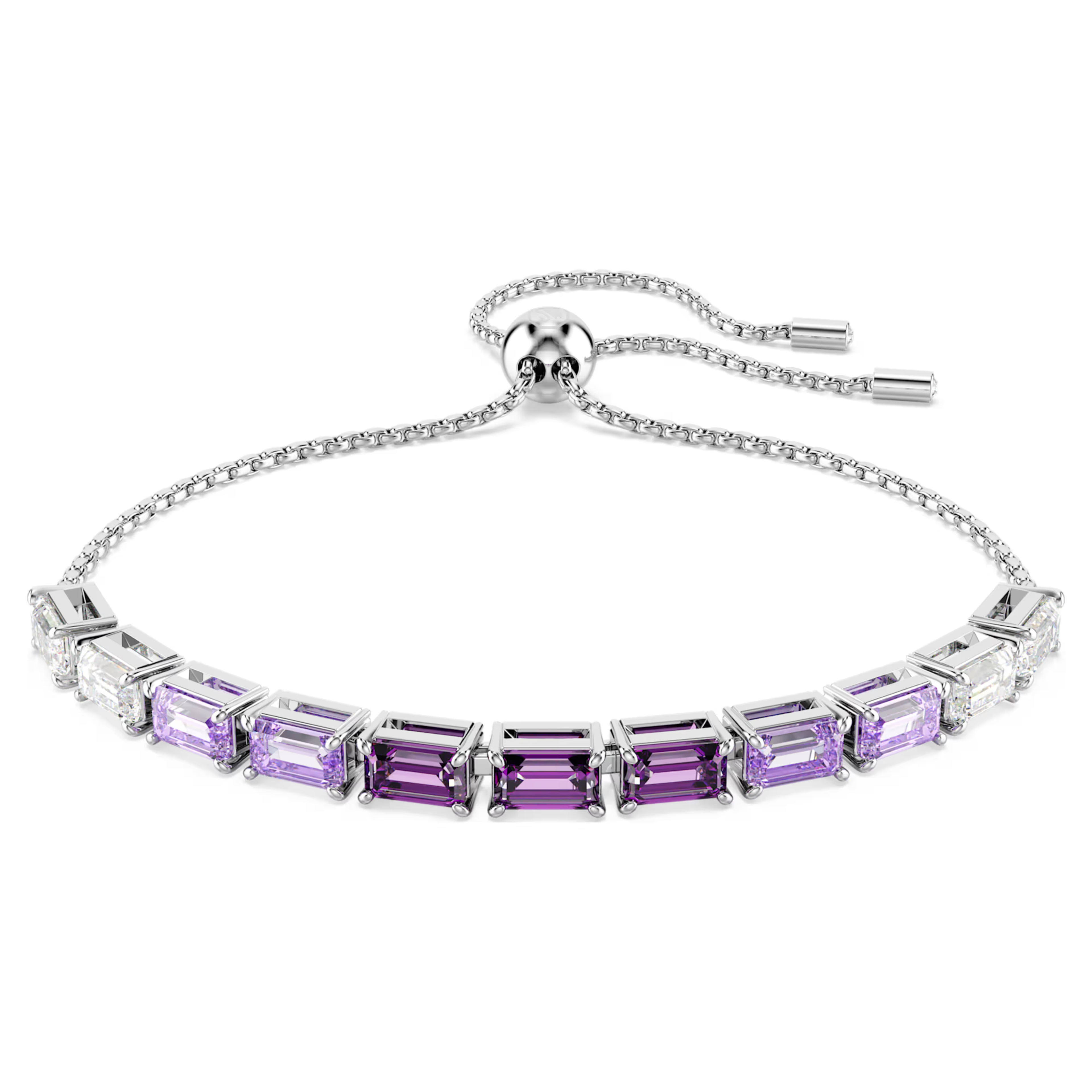 A rhodium plated tennis bracelet with a sliding closure, decorated with octagon step-cut Swarovski Zirconia in a gradient of color from clear to purple.