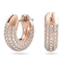 Rose gold hoop earrings with clear gemstones on a white background
