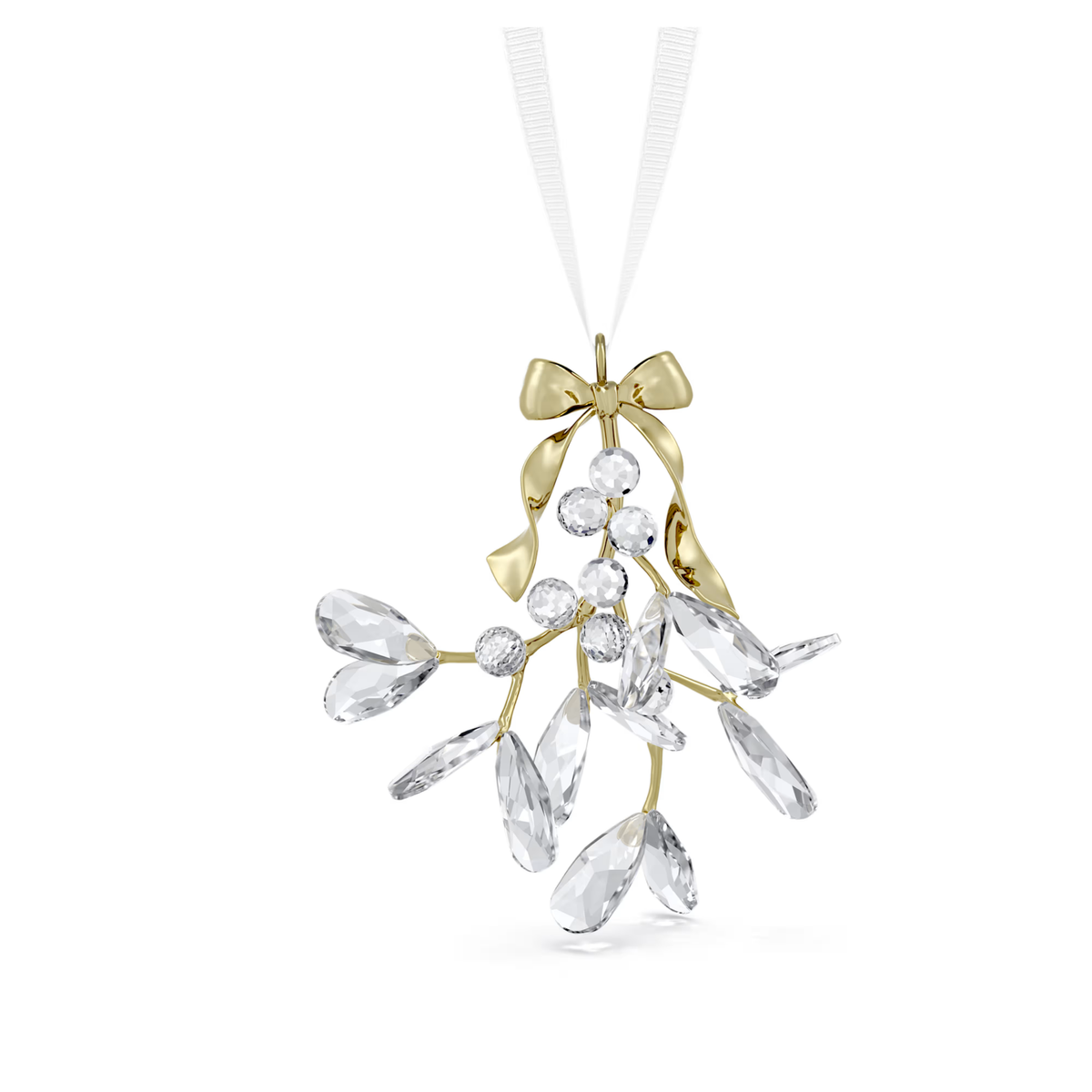 Decorative ornament with clear crystals and a gold bow on a white background