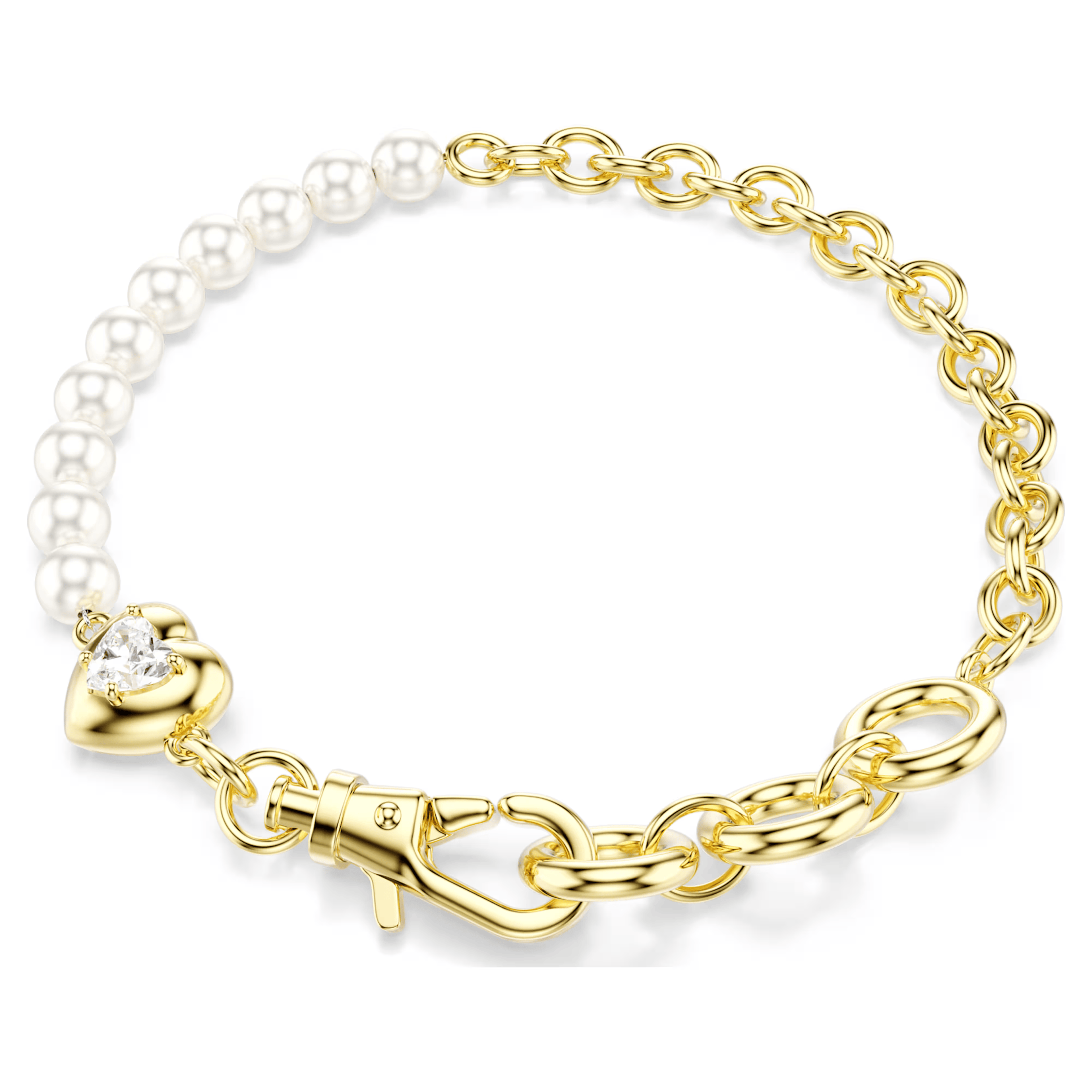 Gold bracelet with heart charm and pearl beads on a white background