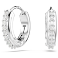 A pair of silver hoop earrings adorned with clear pavé gemstones, shown from multiple angles on a clean white background.