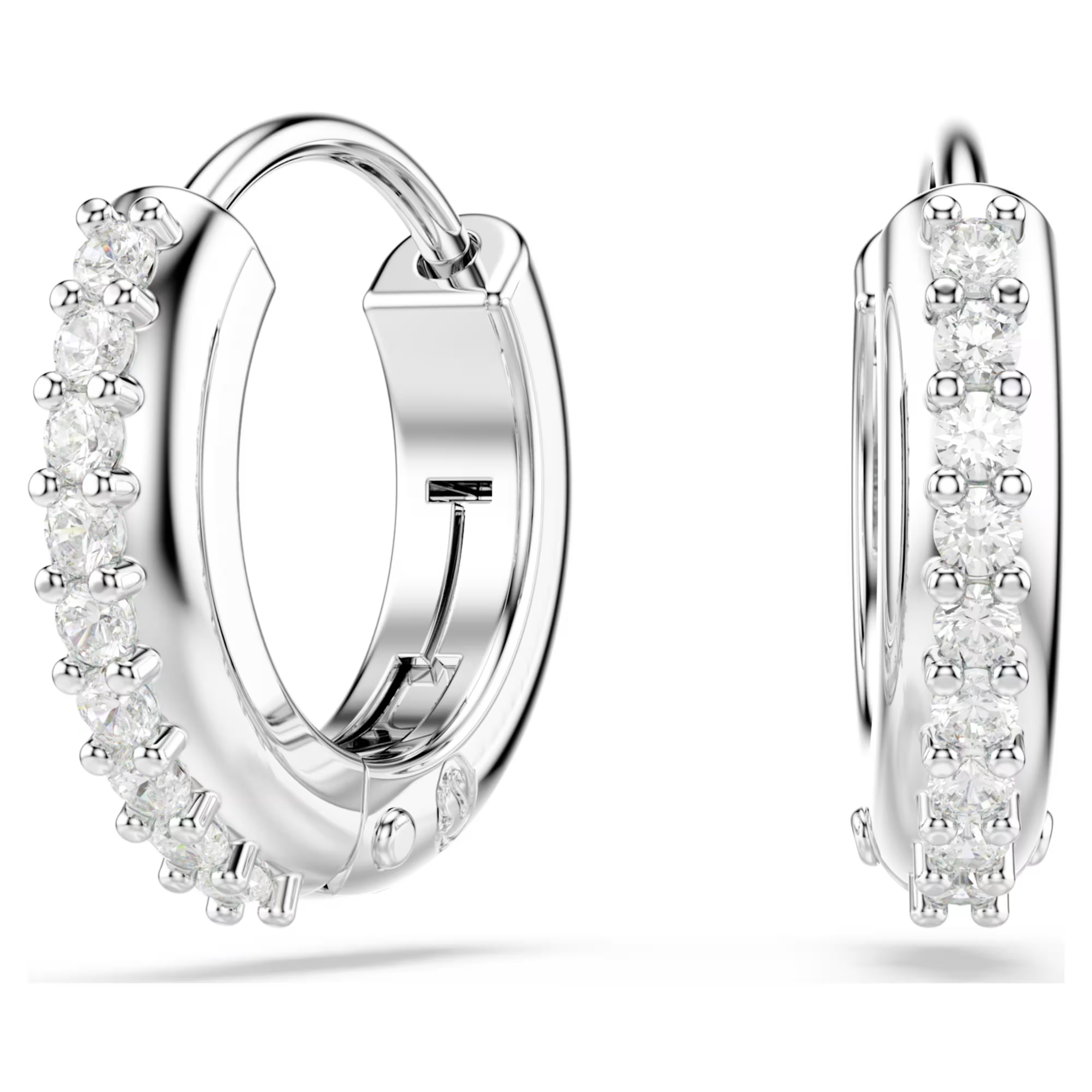 A pair of silver hoop earrings adorned with clear pavé gemstones, shown from multiple angles on a clean white background.