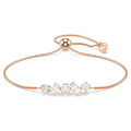 Rose gold bracelet with clear gemstones on a white background