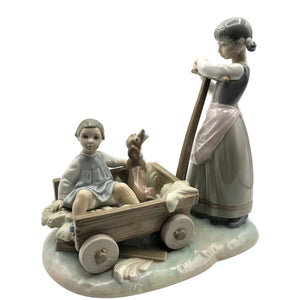 Lladro Girl Pulling  Wagon - Sister and Dog 