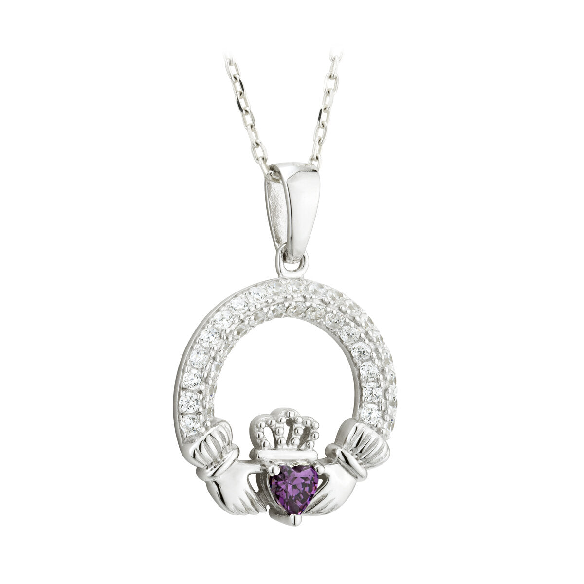 Solvar Irish Jewelry Sterling Silver Claddagh Birthstone Pendant February
