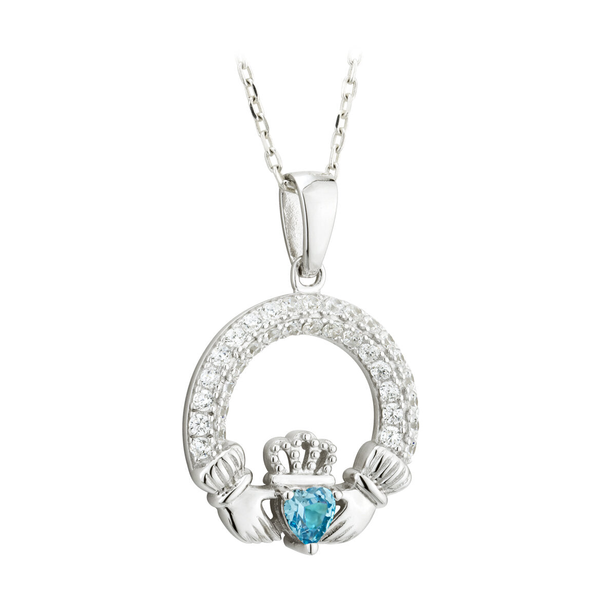 Solvar Irish Jewelry Sterling Silver Claddagh Birthstone Pendant March